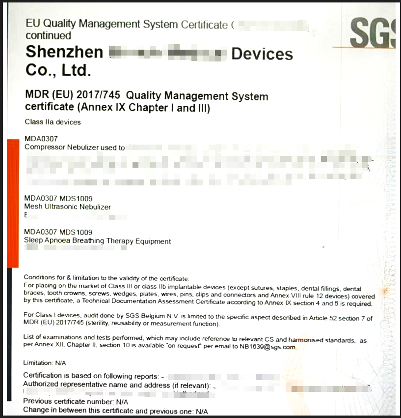 輔導(dǎo)深圳某客戶(hù)獲霧化器CE MDR證書(shū)